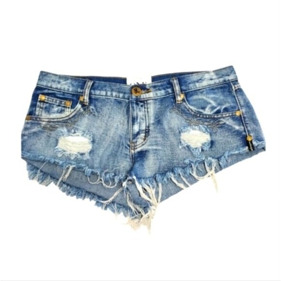 REVOLVE ONE Teaspoon Denim Fringe Distress Shorts - Picture 1 of 9
